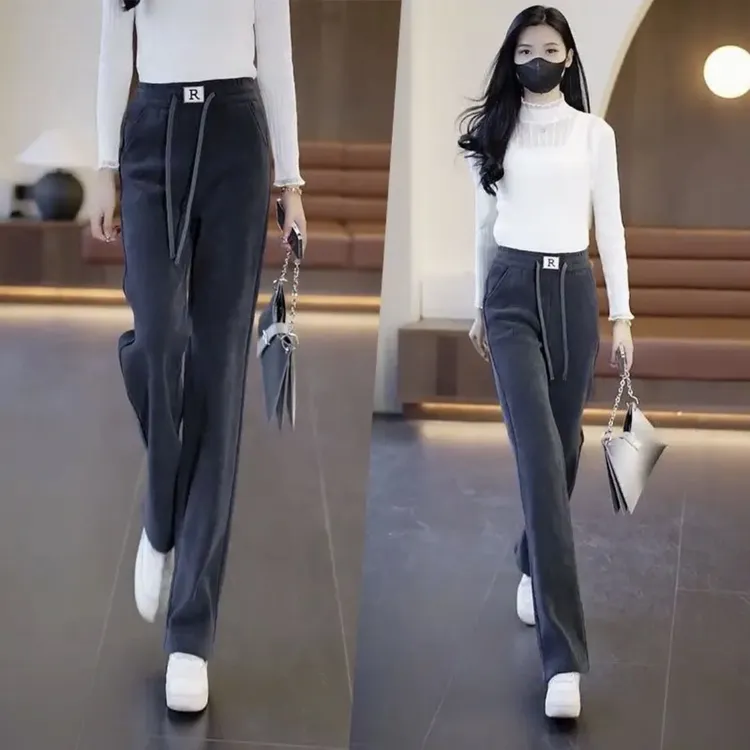 拉夏贝尔窄版阔腿裤春秋2025新款时尚高腰垂感休闲宽松直筒裤子