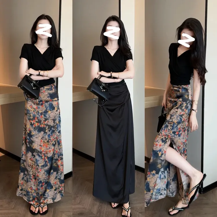 2025年夏季新款百搭显瘦V领绑带上衣+气质显瘦压褶开叉半身裙套装