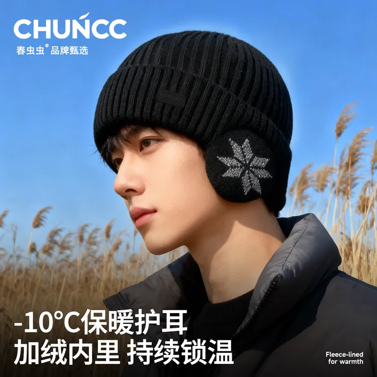 CHUNCC帽子男冬季护耳帽骑行保暖冷帽大头围毛线帽包头加绒针织帽