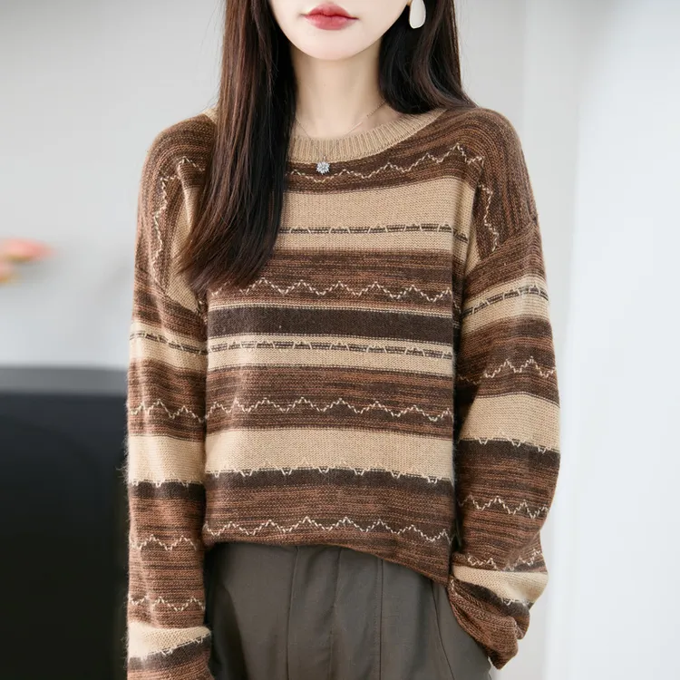 2025新款法式复古条纹针织衫女加厚保暖打底毛衣宽松百搭女装毛衫