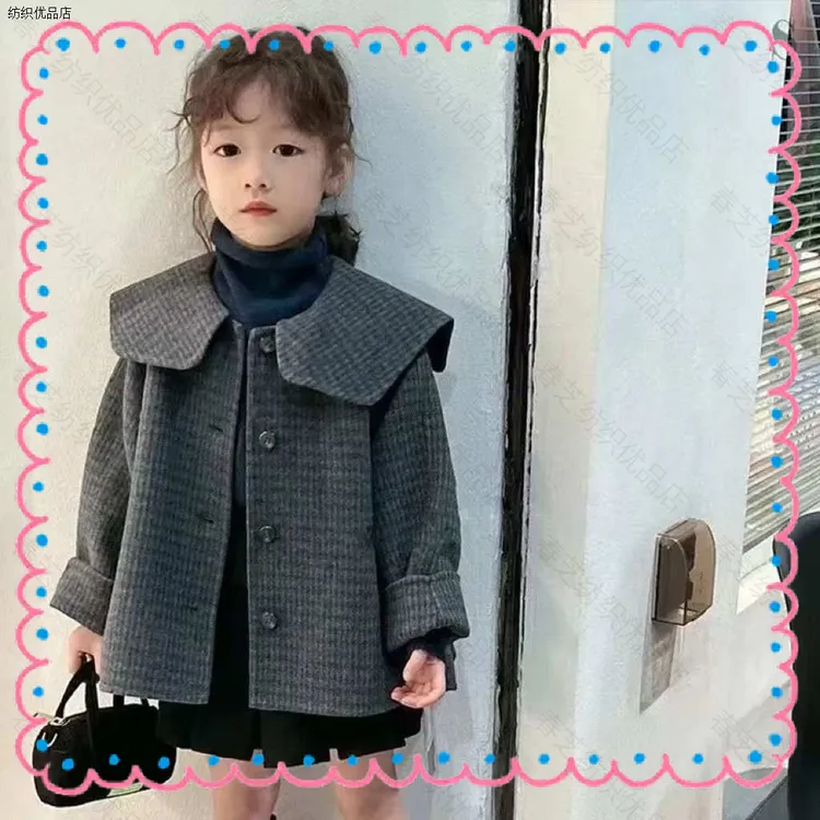 女童格子秋冬夹棉毛呢外套2025新款翻领短款海军领洋气时髦外套