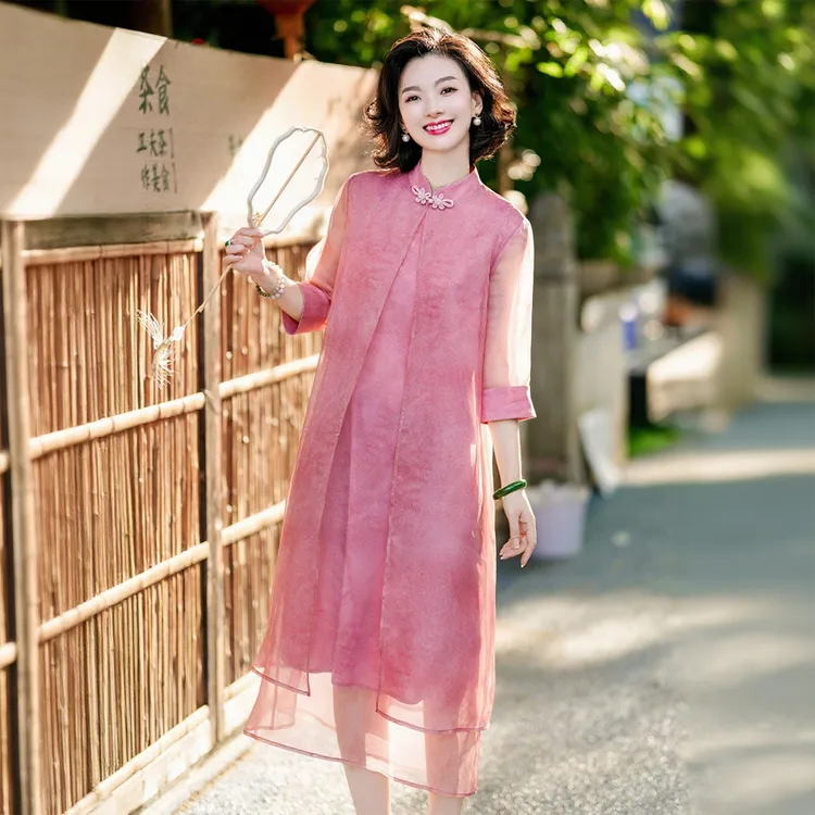 西子/【粉莲赋】重磅桑蚕丝新中式立领多层纱珊瑚粉连衣裙/CQBH1556