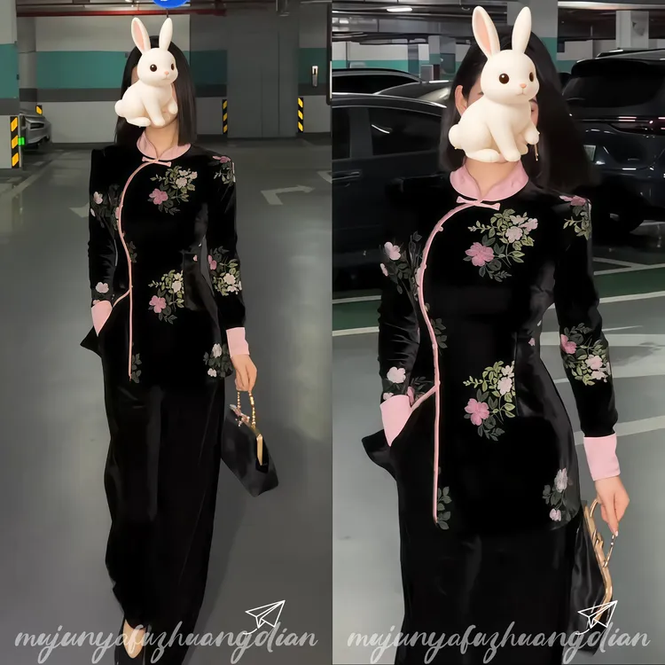 2025秋冬网红新款新中式加绒套装女国风重工刺绣旗袍上衣+阔腿裤