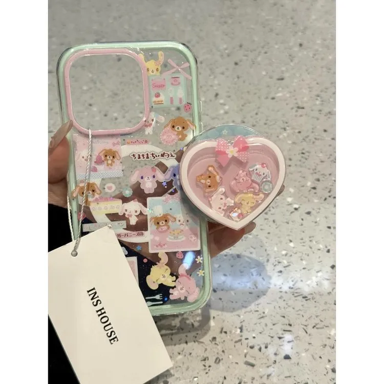 可爱彩色满屏甜品小兔子绿边框适用iphone16promax苹果15手机壳14