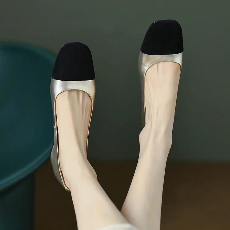 头层牛皮拼色小香风粗跟浅口单鞋女春秋新款中跟真皮瓢鞋高跟鞋子