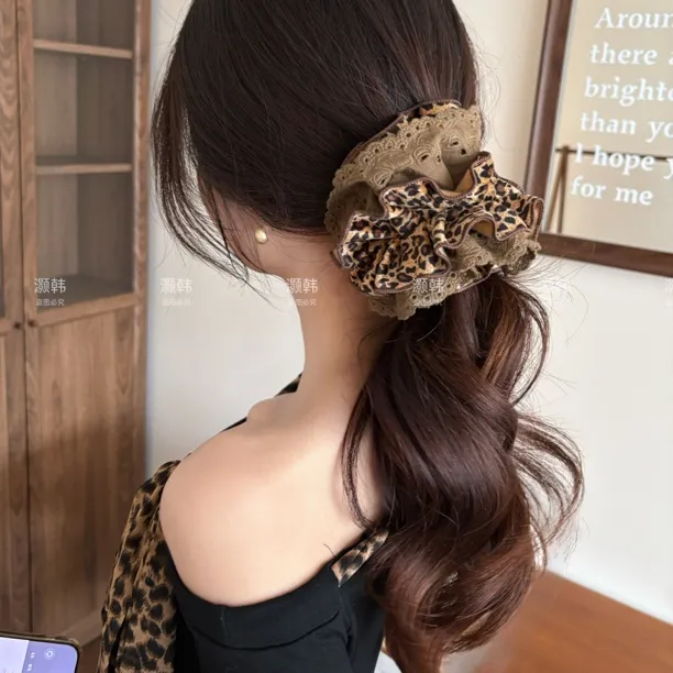 手残天菜～发圈香蕉夹！秋冬豹纹蕾丝褶皱小蛮腰甜酷感发圈香蕉夹