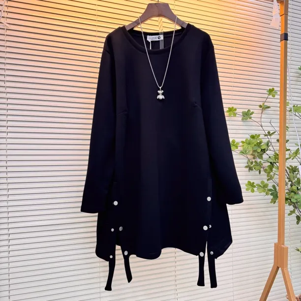 纯色新潮风长袖宽松型中长款T恤韩版秋冬时尚春秋大码显瘦休闲