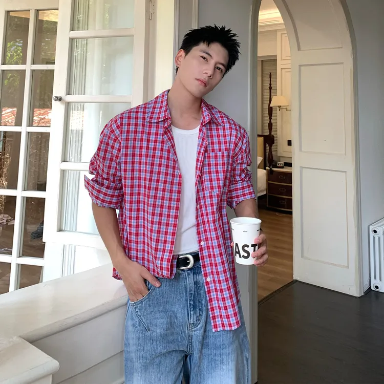 Holocene美式潮牌cleanfit纯棉格子衬衫长袖男慵懒风休闲衬衣9158