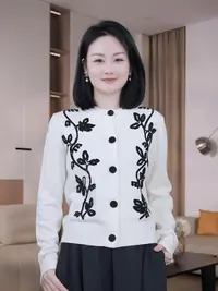 Nuovo Borgo 立体刺绣花卉双股24支羊毛衫宽松长袖针织开衫女2599