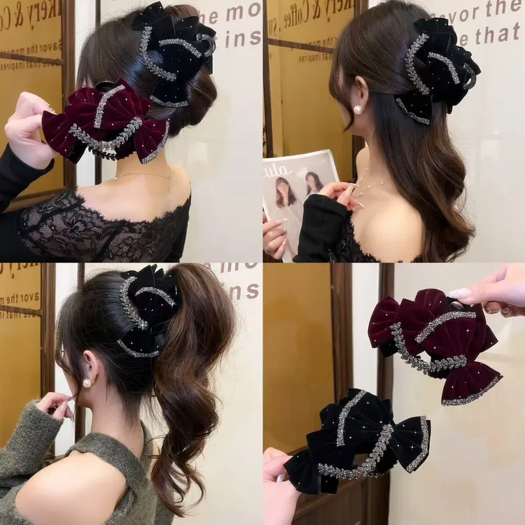 气质闪钻缎面发夹高级感百搭日常简约发卡后脑勺鲨鱼夹马尾夹发饰