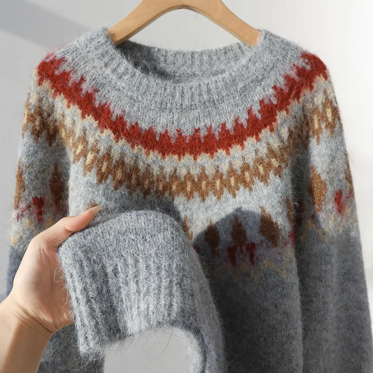 【日杂氛围】灰色费尔岛撞色羊毛针织毛衣格雷系复古休闲软糯上衣
