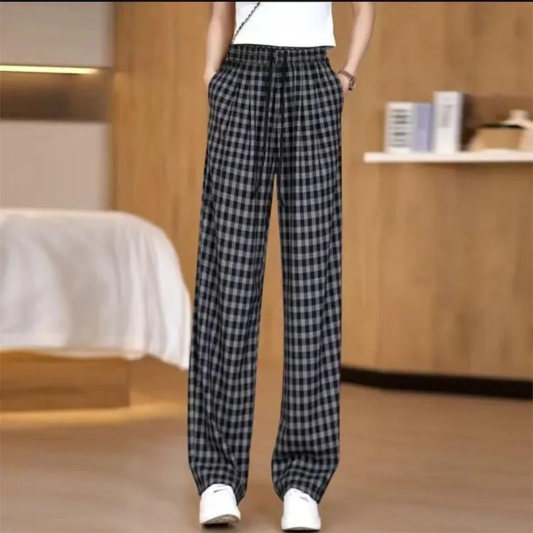 夏天薄裤子新款格子阔腿裤子女薄款大码休闲通勤高腰显瘦筒裤