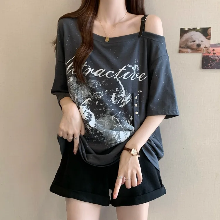大码美式辣妹露肩短袖t恤打底衫女夏季微胖mm遮肚子印花宽松上衣