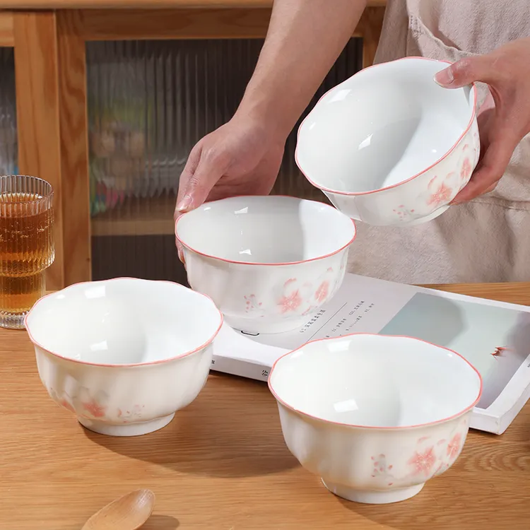 十里桃花6个5英寸花瓣骨瓷米饭碗面碗釉下彩餐具