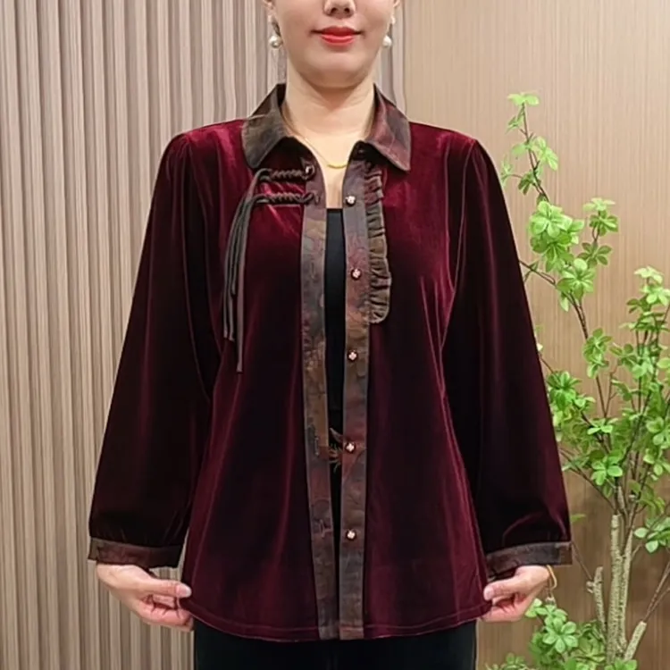 中老年女装秋装翻领衬衫2025新款妈妈装春秋大码洋气开衫衬衣短款