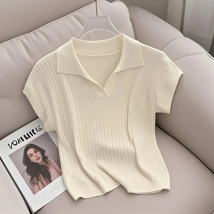 法式高级感气质半开领短袖针织衫女装夏季新款小个子时尚显瘦上衣