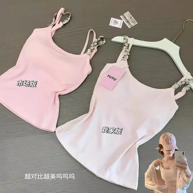 【藤蔓花朵】纯欲温柔粉色花朵吊带背心女内搭带胸垫上衣2025新款
