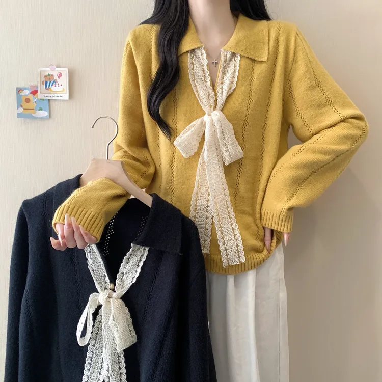 2025秋季大码女装新款设计感蕾丝蝴蝶结长袖针织衫3763