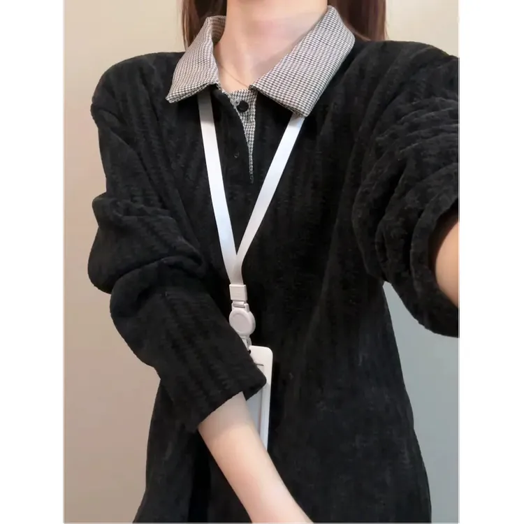 美式加绒拼接Polo衫男款秋冬千鸟格长袖T恤高级感卫衣休闲上衣