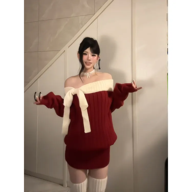 圣诞红色一字肩针织长袖连衣裙女秋冬季巨好看收腰内搭包臀短裙子