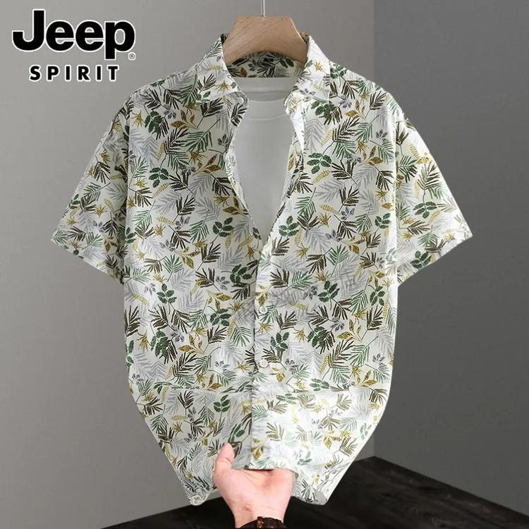 JEEP吉普纯棉短袖花衬衫男士夏季新款潮流青年半袖痞帅寸衫上衣薄
