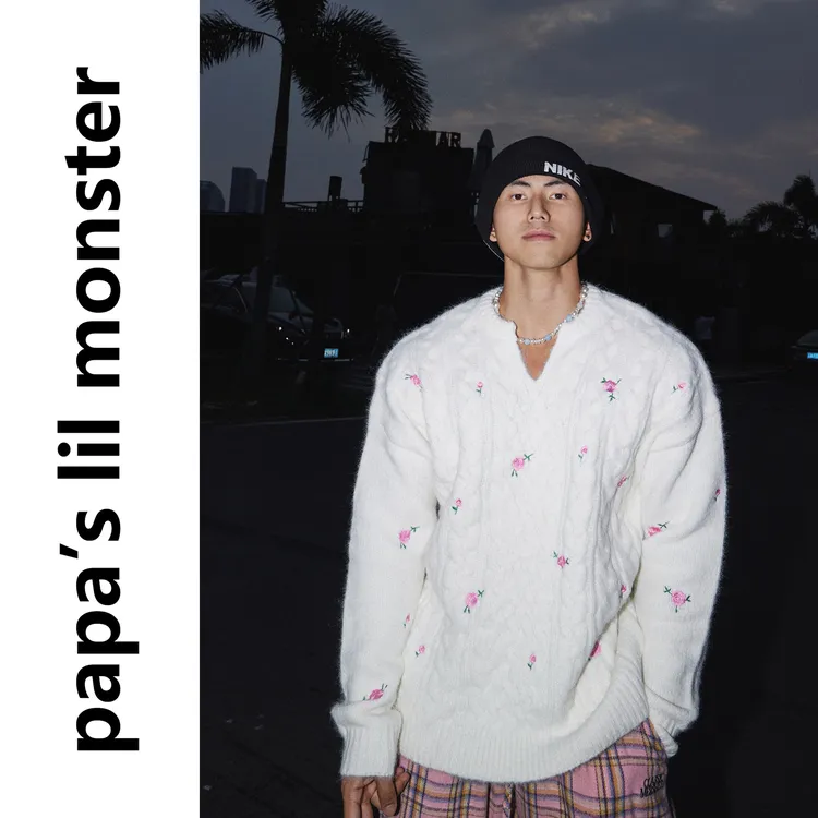 PAPASLILMONSTER 美式复古麻花设计刺绣花卉V领针织休闲毛衣男女