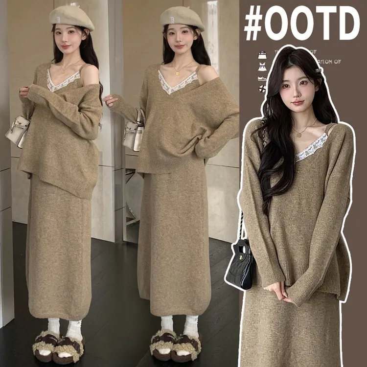 【可可】新款大码孕妇装设计感气质孕妇两件套韩版针织毛衣孕妇套装