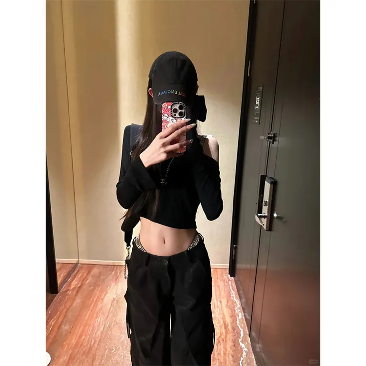 美式时尚高级感辣妹风短款修身显瘦长袖上衣高腰百搭直筒休闲长裤