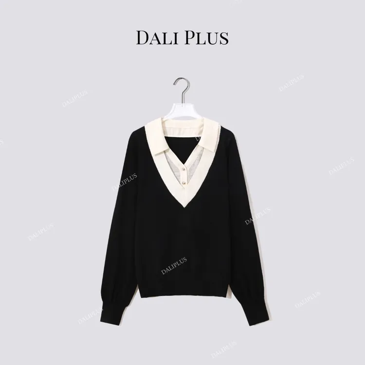 DALI PLUS“假两件撞色针织”莱赛尔麻长袖针织衫-D5ST1388