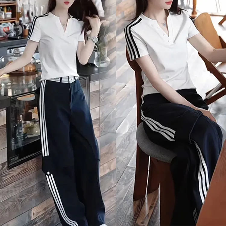 2025夏季新款时尚休闲套装女V领短袖T恤高腰显瘦工装阔腿裤两件套