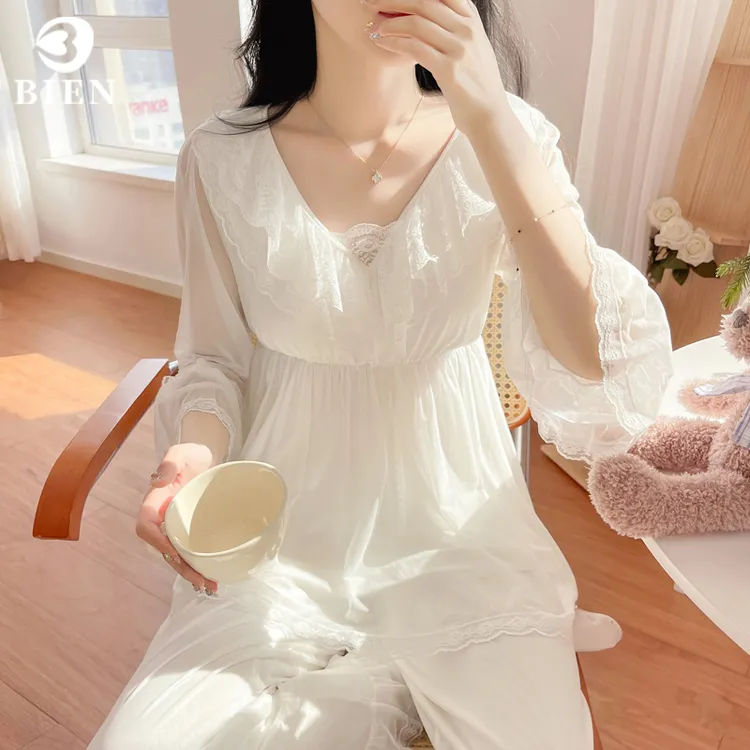 BIEN带胸垫睡衣女春秋季2025新款可外穿网纱莫代尔长袖长裤家居服