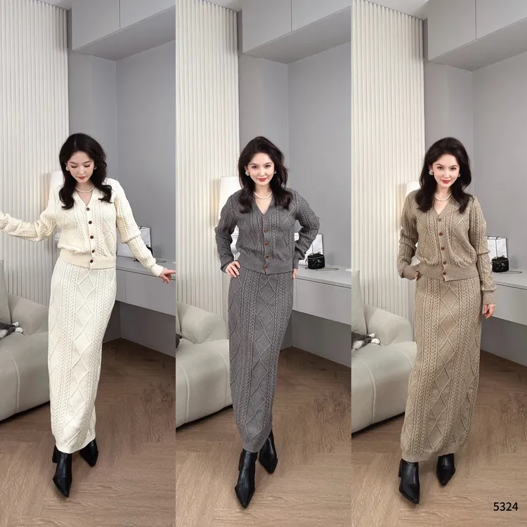 法式纯欲风休闲风时尚套装菱形开衫中长款麻花半身裙两件套