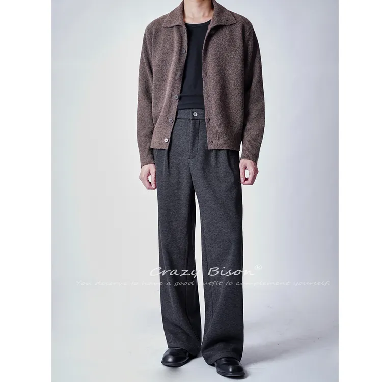 Crazy Bison『冬季羊毛醋酸混纺加绒』宽松直筒西裤休闲简约长裤男