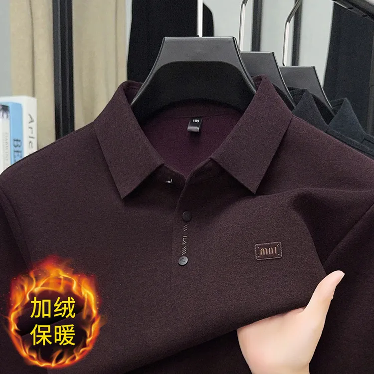 大码男装加绒Polo衫男秋冬季宽松翻领加厚保暖上衣中年爸爸打底衫