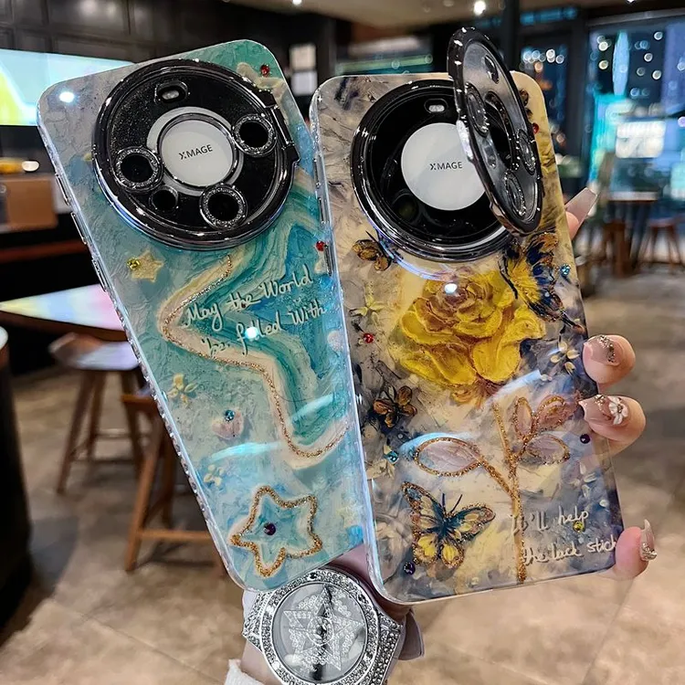 适用华为mate70系列iPhone16新款手机壳复古油画黄玫瑰翻盖支架