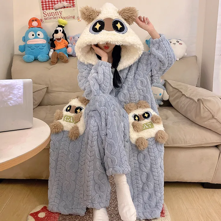 小豆泥女生睡袍加厚珊瑚绒睡衣加厚大码家居服套装睡衣学生女孩