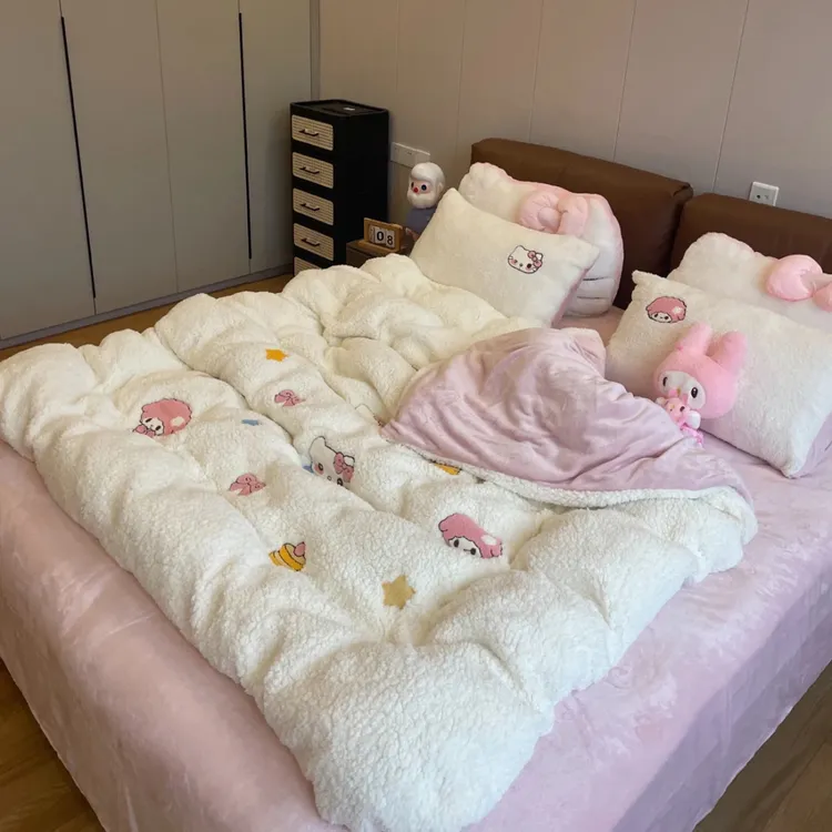 冬季ins风卡通KT猫毛巾绣牛奶绒四件套加厚保暖被套床单