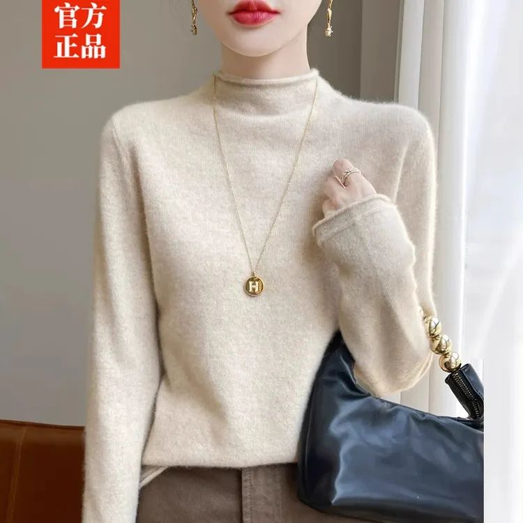 高端时尚品牌女装100%羊毛衫女半高卷边领针织毛衣洋气大码打底衫