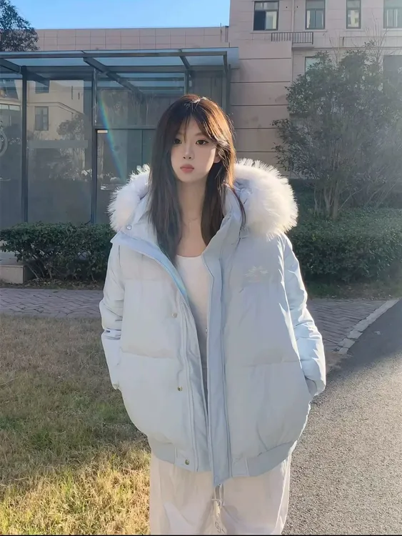 奶蓝色毛领连帽保暖棉服女款2025新款冬季韩系宽松加厚百搭派克服