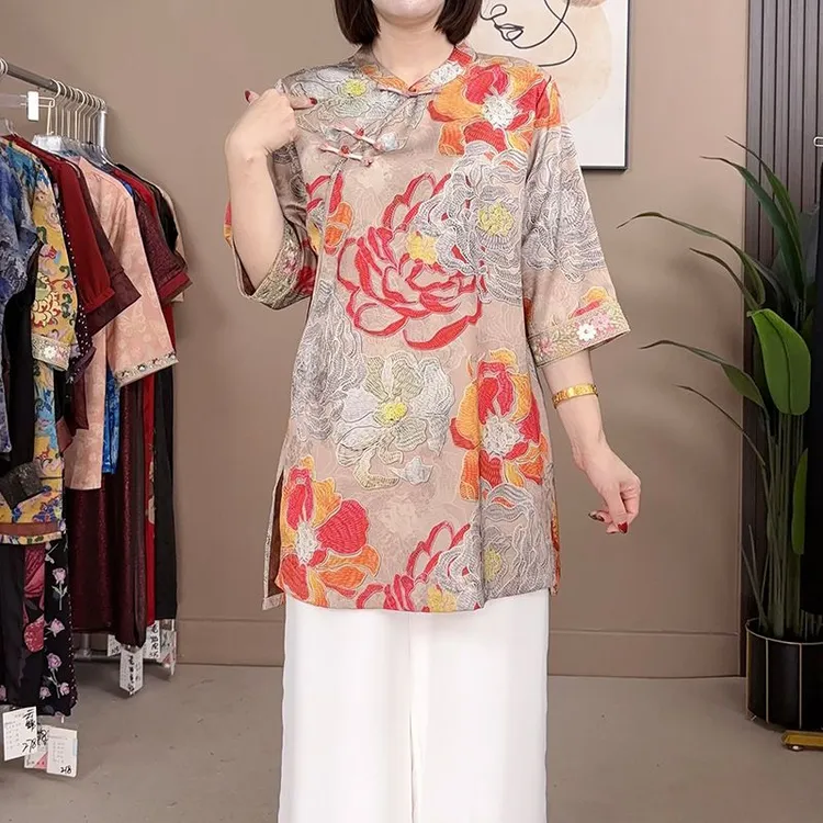 薯莨新中式国风2025夏季新款盘扣中长上衣7612