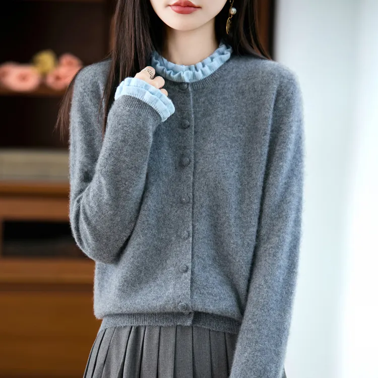 鄂尓多斯市100%纯羊毛衫女春秋开衫小外搭气质木耳领针织外套毛衣