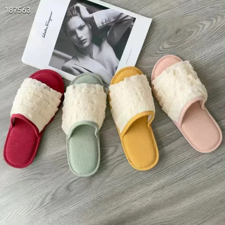 女士蕾丝花边鱼嘴静音露趾室内拖鞋防滑吸汗防臭舒适柔软