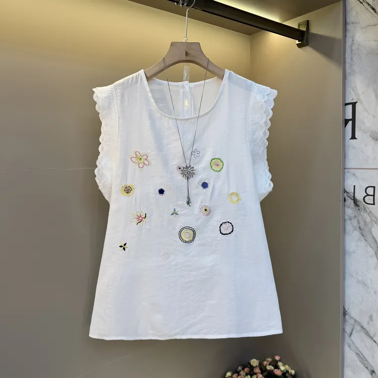 2025刺绣圆领大码女无袖花边夏季新款洋气时尚百搭背心上衣1591