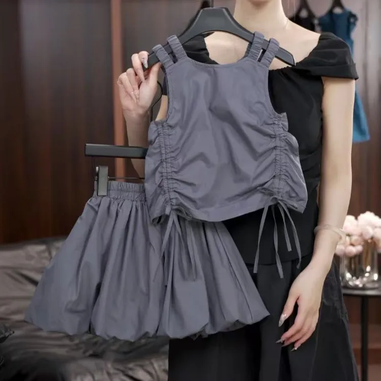 【1%】原创设计款气质纯色小众女童套装儿童夏季纯棉薄款抽绳户外