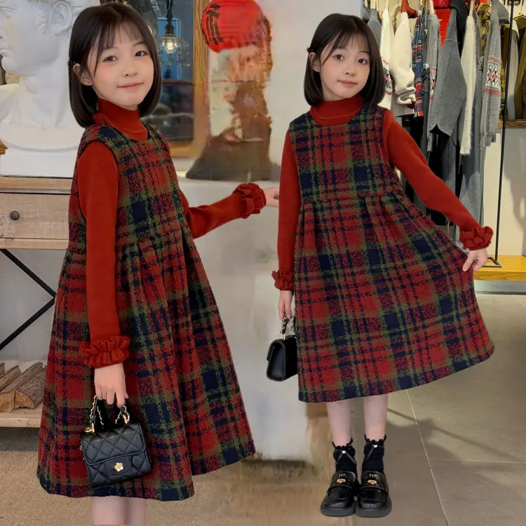 女童冬季中大童女宝韩系学院风两件套毛衣格子背心连衣裙套装公主