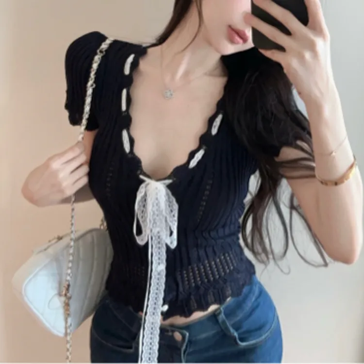 （浠儿家） 韩系慵懒松弛感短袖上衣女2025夏季V领收腰短款针织衫