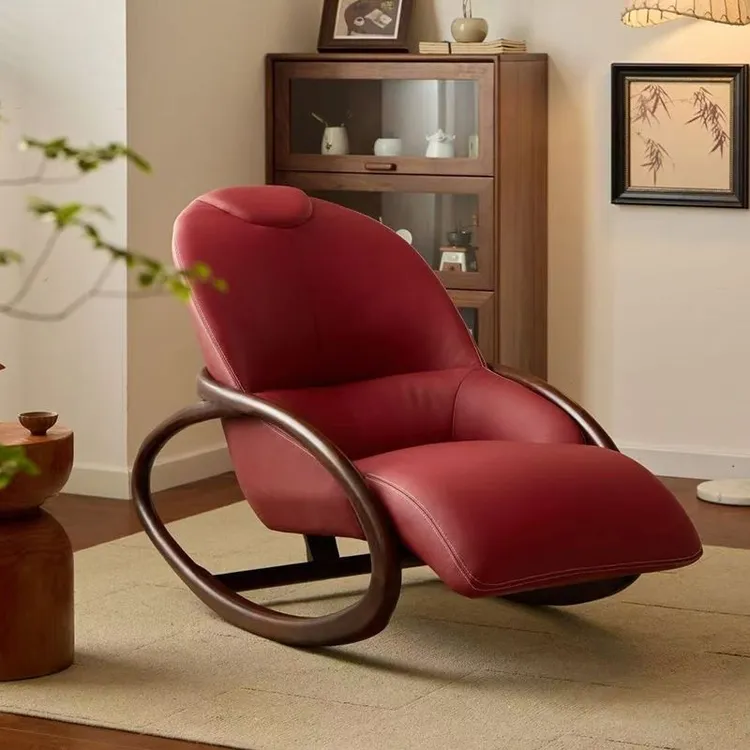 乌金客厅设计师摇摇椅休闲实木阳台躺椅单人真皮沙发椅懒人休闲椅