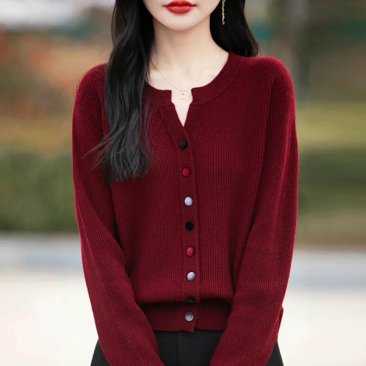 品牌2025早秋新款V领彩扣长袖针织开衫洋气显瘦气质外搭上衣外套