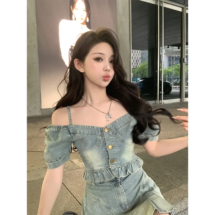 复古牛仔裙吊带上衣套装女夏季新款韩系辣妹高腰百褶半身裙两件套