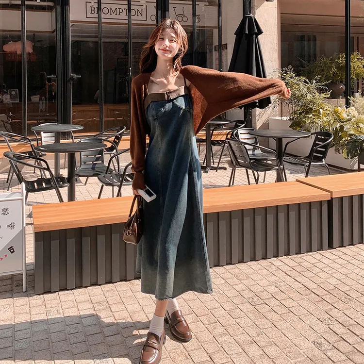 绝美氛围感吊带牛仔连衣裙套装女2025秋季韩系温柔气质开衫两件套